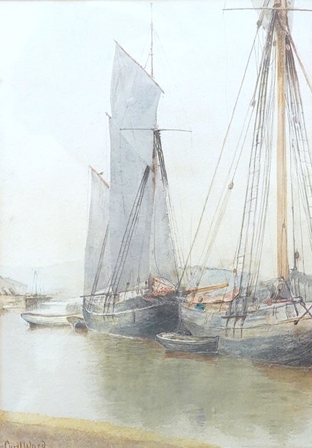 Cyril Ward (1863-1935), Moored fishing boats, signed, watercolour, details verso, 25 x 17cm